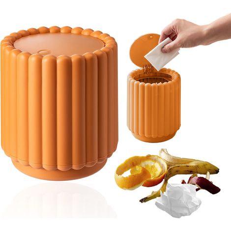 Bonita mini papelera de escritorio con tapa, forma cilíndrica que ahorra espacio, dimensiones: 5,91 pulgadas x 4,92 pulgadas, color naranja. (1/5)