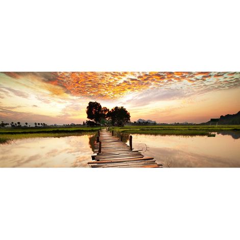 Tableau printemps coucher de soleil | Tableau sur toile arbres et plan d'eau | Tableau paysage vert et orange pour entrée  - 1,0 x 0,4 m (1/2)