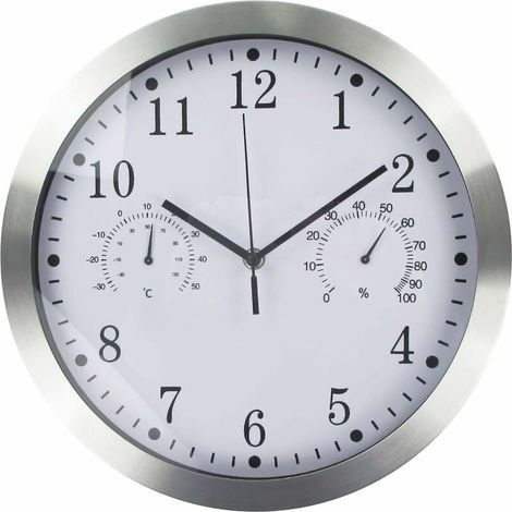 Runde Quarz-Wanduhr, geräuschlose Aluminium-Wanduhr für den Innenbereich mit Thermometer und Hygrometer für Wohnzimmer, Küche, Büro (weiß) (1/4)