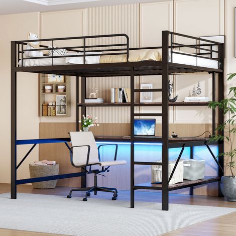 Hochbett 204x145x180 cm Schwarz aus Metall und MDF mit Schreibtisch, Regal, LED, Steckdose und USB (1/5)