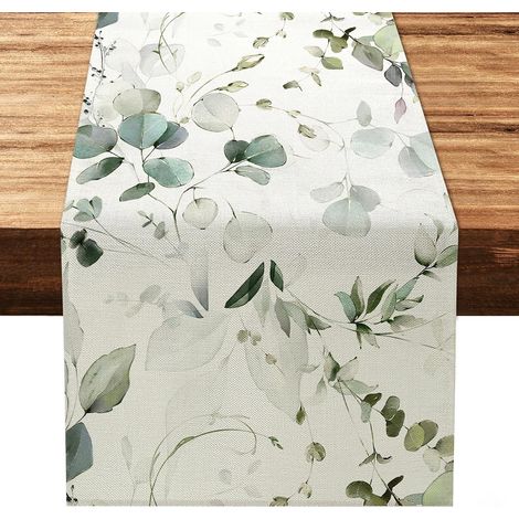 Chemin de table en jute avec feuilles d'eucalyptus vertes, (1/5)
