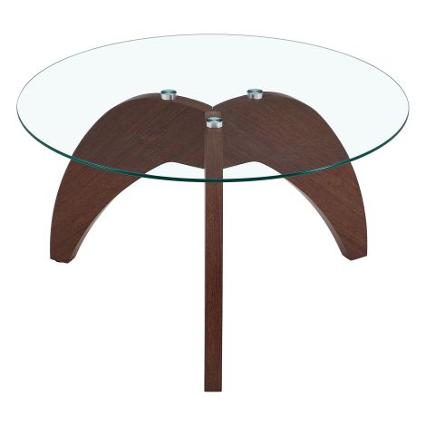 Table basse ronde moderne, plateau en verre trempé, structure stable 3 pieds en MDF, table en verre pour salon, couleur bois foncé (1/5)