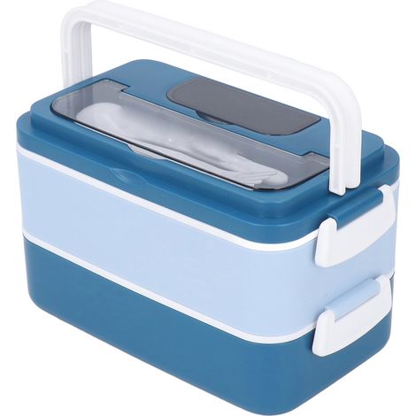 Boîte à lunch double compartiment en acier inoxydable étanche, rectangulaire, portable, avec cuillère et fourchette, compatible micro-ondes (1/5)