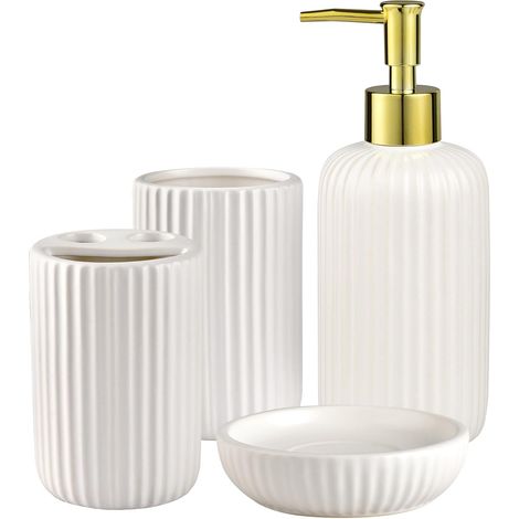 Ensemble d'accessoires de salle de bain, 4 pièces, distributeur de savon, porte-brosse à dents, gobelet et porte-savon blanc (1/5)