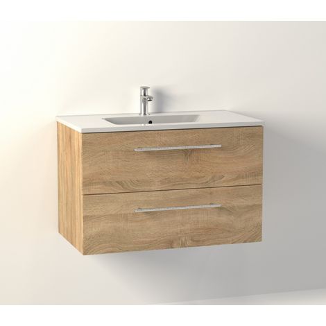 Sanitaire – Meuble double vasque suspendu en bois clair 80 cm – 2 tiroirs avec ralentisseurs – Plan vasque céramique blanc brillant – Dimensions L800 x H510 x P458 mm