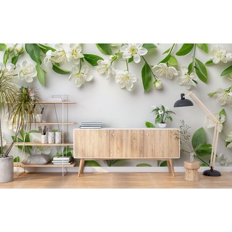 Papier peint fleuri - jasmin blanc naturel - 150 x 250 cm (1/2)