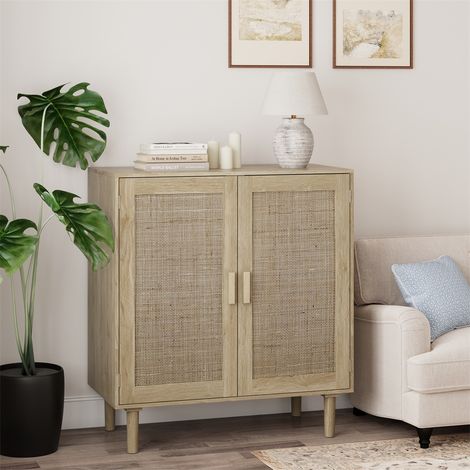 Buffet Cabinet de Rangement en Rotin - 80x40x88 cm - Commode 2 Portes avec Poignées en Bois Massif Anti-basculement - Naturel (1/5)