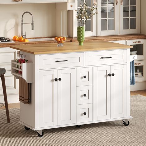 Multifunktionaler Küchenwagen Weiß 140×65×89cm, klappbar 120→65, 5 Schubladen, Schrank, Rollen (1/5)