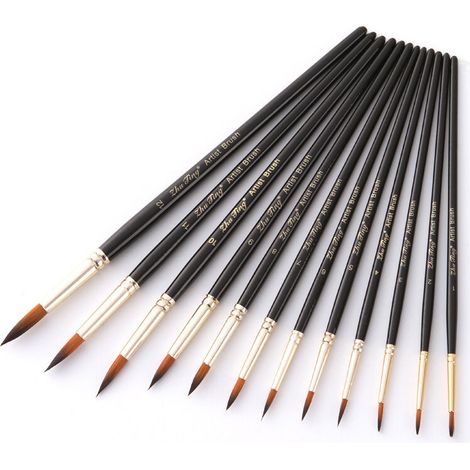 12 Pièces Nylon Pinceaux Peinture Acrylique Professionnel, Artiste Pinceau Set pour Aquarelle Gouache Peinture à l'huile, Art Paint Brush Ronds Pointus Langue de Chat Ovale Lavage (Noir) (1/5)