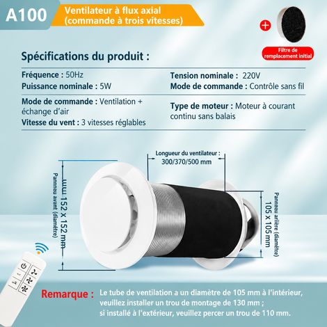Extracteur d'air A100 à fréquence variable CC diamètre 100 modèle bidirectionnel à télécommande 3 vitesses bidirectionnel télécommandé longueur 300 mm 1 kg – Livraison gratuite