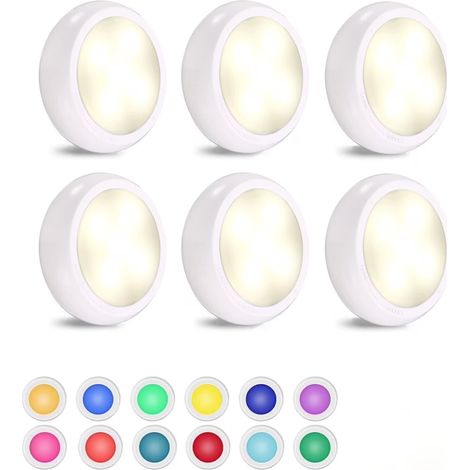 Confezione da 6 luci LED per armadietti con telecomando - luci rotonde wireless a batteria - luce notturna sensibile al tocco - Per armadi - bianco (1/3)