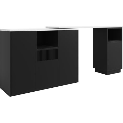 Îlot de bar multifonctionnel avec plan de travail effet marbre et rotation à 360°, structure MDF noire, 210 x 30 x 100,9 cm (1/5)