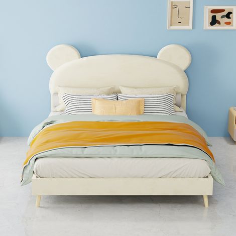 Letto imbottito in tessuto beige 140x200 cm con contenitore e testiera a forma di cartone