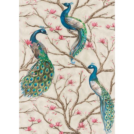 Papier peint panoramique japonais Tapisserie panoramique oiseaux paon turquoise & vert Papier peint panoramique salon avec arbre & fleur (1/2)
