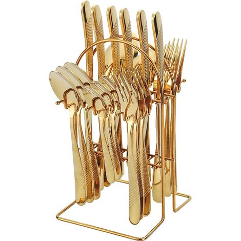 Ensemble de Couverts en Or et Argent, Ensemble de24Pièces de Couverts Dorés avec Support pour6,Ensemble d'Ustensiles en Argent Poli (1/5)