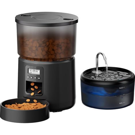 Automatic Cat Food Dispenser and Fountain: Dog Food Dispenser and 2.4L Cat Water Fountain – 3L Pet Food Feeder with Programmable Timer 6 Meals – 10S Black Voice (1/5)
