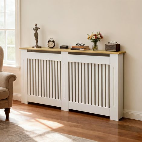 UNHO - Cache radiateur en bois blanc - Couverture moderne avec lattes - Design pour Salon Chambre Bureau - Taille L×P×H 152x20x83cm