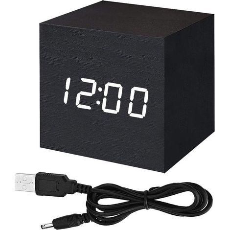 Tragbarer LED-Digitalwecker, Mini-Wecker mit Sprachaktivierung, schlichter, minimalistischer Holzwecker, Temperaturanzeige, Kalender für Zuhause, Büro und Reisen (USB/Batterie) – Schwarz (1/5)