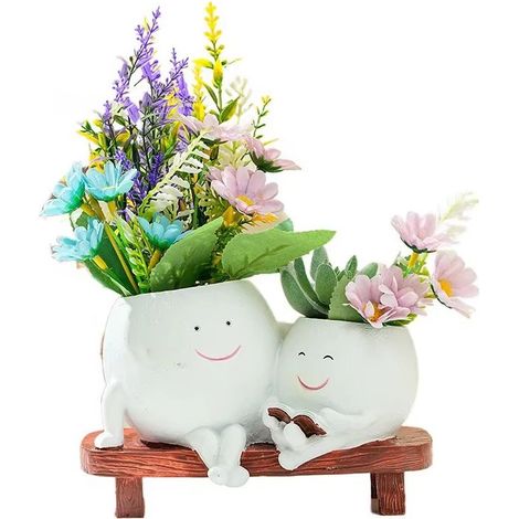 Pot à fleurs visage souriant avec mini chaise berçante, pot de simulation pour succulentes, décoration de maison pour jardin intérieur et extérieur. (1/5)