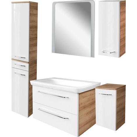 Fackelmann MILANO Badmöbel Set 6-teilig, 80 cm, Braun hell/Weiß, Keramik, Spiegel + 3 Badschränke"-"90295145 (1/5)