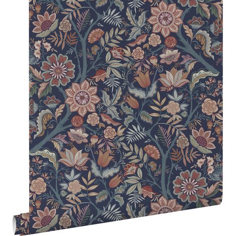 papier peint fleurs vintage bleu foncé et marron terracotta - ESTAhome (1/5)
