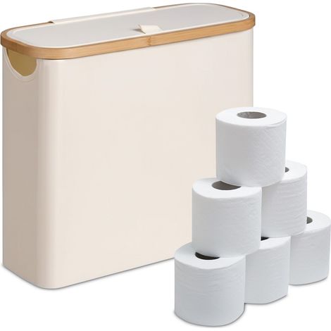 Relaxdays Contenedor de papel higiénico, 12 rollos, 38 x 43 x 17 cm, poliéster, bambú, caja, beige (1/5)