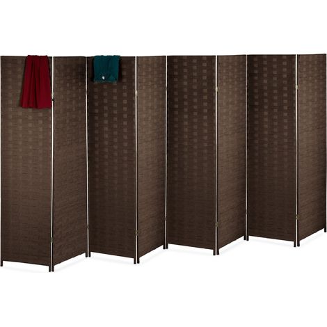 Relaxdays Paravento divisorio, A x L: 170 x 320 cm, pieghevole, 8 pannelli, legno e corda di carta, marrone