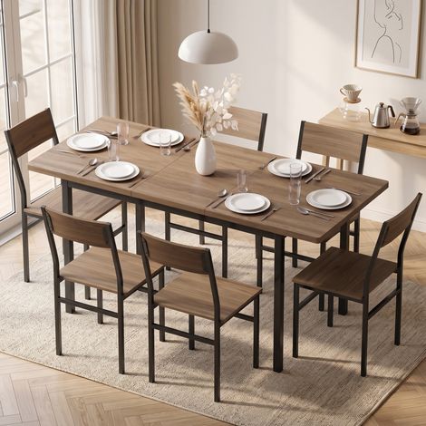 Ensemble table et chaises extensibles (120-160 cm) pour 4 à 6 personnes, aspect bois brun (1/5)