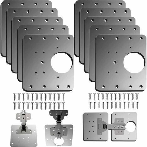 10 Pièces Plaque Reparation Charniere Porte d'armoire,plaque de réparation de charnière de porte de placard de cuisine avec trou, supports de fixation plats en acier inoxydable avec vis (1/4)