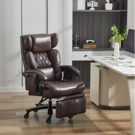 Poltrona da ufficio 88x70x112.5 cm marrone in pelle PU con massaggio, riscaldamento, poggiapiedi e reclinazione (1/5)