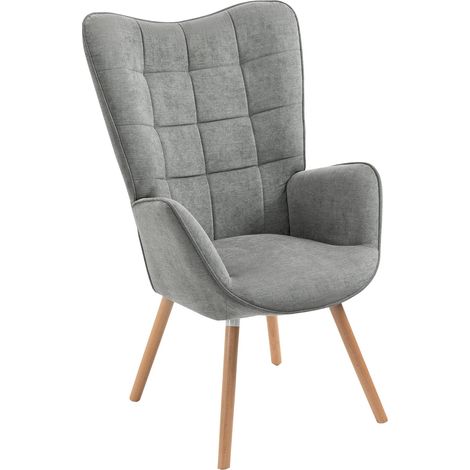 Fauteuil Salon Scandinave Confortable Chaise de Coiffeuse Canapé pour Chambre Salle à Manger Bureau Allaitement avec Assise Épais Accoudoirs Rembourés en Tissu Pieds Bois Massif, Gris (1/5)