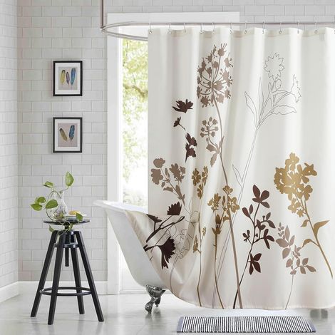 Rideau De Douche - Tissu Polyester Imprimé Plantes - Beige Brun Gris - 180x180 cm - Anti-Éclaboussures - Anneaux Métalliques Anticorrosion (1/5)