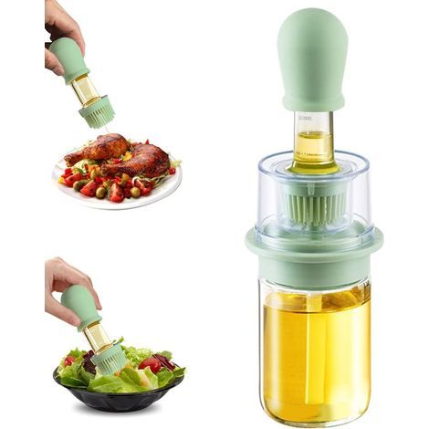 Dispensador de aceite de vidrio 2 en 1 con cepillo de cocina de silicona largo, verde (1/4)