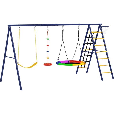 Portique balancoire exterieur 6 en 1 avec 3 balançoires, panier de basket, échelle d'escalade et filet, multicolore (1/5)