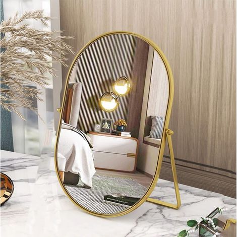 Miroir de Coiffeuse Ovale avec Rotation réglable à 90° et Cadre en métal doré - Décoration de Chambre pour Salon, Chambre à Coucher, Table, Salle de Bain (1/5)