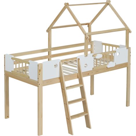 Lit mezzanine, lit pour enfant avec protection antichute et barrières, design de toit unique, avec échelle inclinée à trois marches, cadre en pin, pin+MDF+contreplaqué, blanc+naturel, 90x200cm