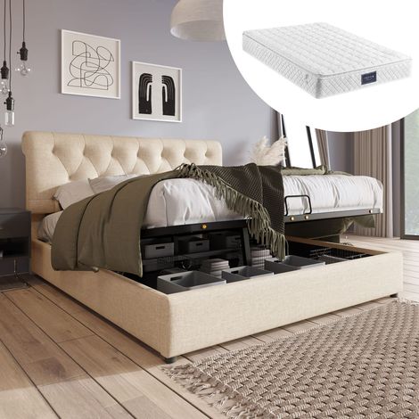 Lit double 140 x 200cm avec rangement, tête réglable, sommier métal et matelas inclus (1/5)