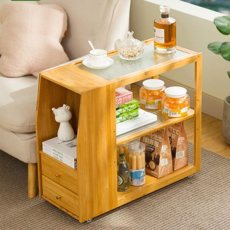 Comodino stretto con 2 cassetti, tavolino da divano, comodino sottile, organizer con rotelle, mobiletto salvaspazio, comodino per soggiorno, camera da letto - Naturale (1/5)