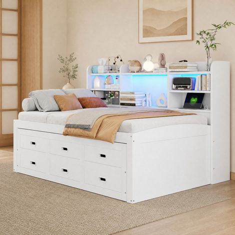 Cama nido 90x200 cm de madera blanca, con almacenaje para dormitorio, sin colchón -FLORAGRACE (1/5)