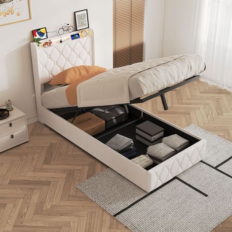 Lit Coffre Simple 90x200 cm en Velours - Cadre de Lit Adulte Enfant avec Tête de Lit Stockage, Éclairage LED RGB et Prises USB Type-C - Beige (1/5)