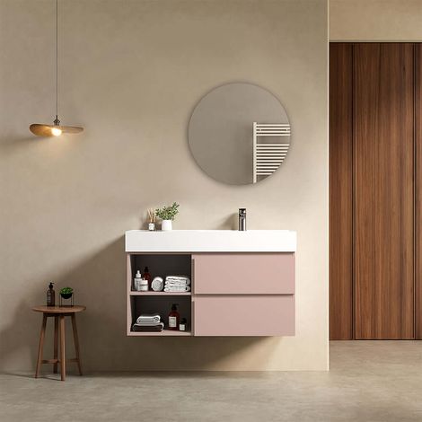 Mobile bagno sospeso 100 cm Rosa Retro Lavabo a Destra in Resina Specchio Tondo - Fiji Paint Plus (1/4)