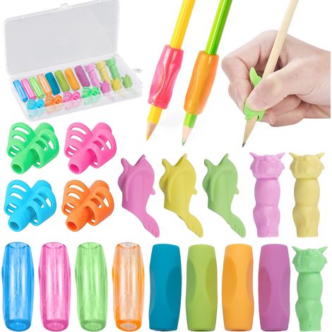 Lot 18 Manchons Crayons Silicone, Motifs Multicolores Aide Écriture, Enfants Écoliers Cadeau