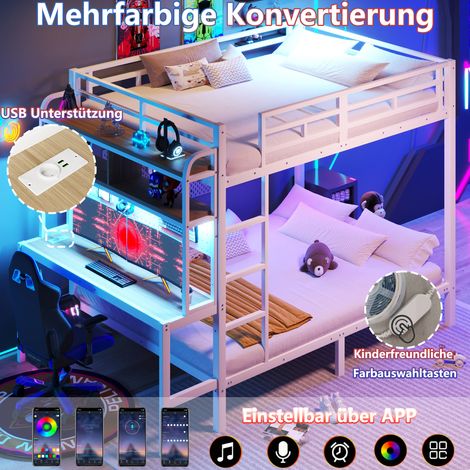 Lit superposé 140×200 cm fer blanc,rangement,bureau,LED,port USB,rampe sécurité et échelle,structure robuste sans matelas