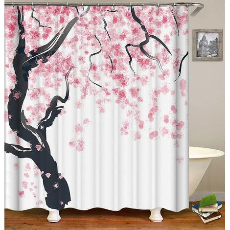 Rideau de douche fleuri, 180 cm x 200 cm, rose et noir, motif cerisier en fleurs, ensemble de décoration de salle de bain en tissu avec crochets (1/5)