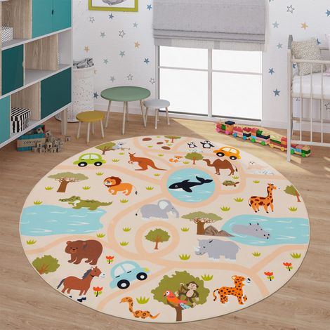 Tapis enfant antidérapant pour chambre garçon/fille, motif route 200 cm x 200 cm x 4 mm, Rond, Mehrfarbig