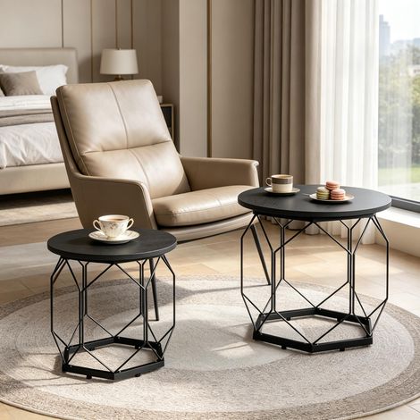 Lot de 2 tables basses rondes design avec plateau amovible (1/5)