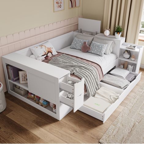 Lit daybed multifonction 140x200 cm blanc en MDF avec tiroirs, rangements et table de chevet, sans matelas (1/5)