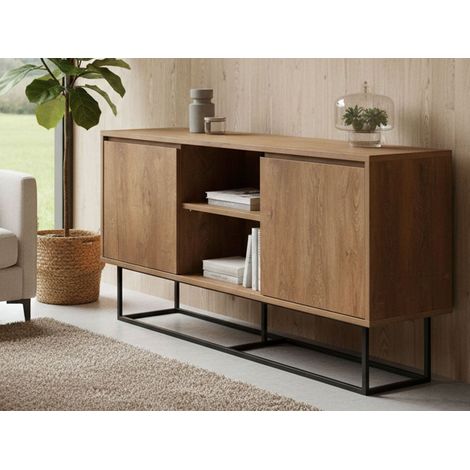 Dmora - Kommode Alrakis, Wohnzimmerbuffet, Wohnzimmer-Sideboard, Moderne Küchen-Speisekammer, 140x36h72 cm, Walnuss und Schwarz, mit verstärkter Verpackung (1/5)