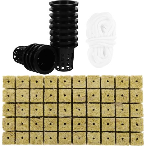 Kit de Culture Hydroponique Paniers Auto-arrosants 50 Pièces en Laine Minérale, Corde en Coton 10 M, Jardinière pour Plantation de Légumes et Fleurs en Intérieur et Extérieur (1/5)