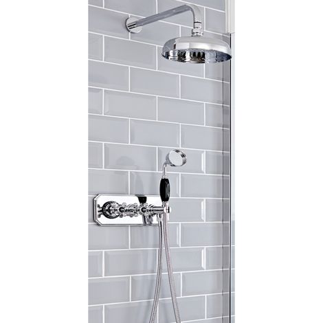 Milano Elizabeth 2 Outlet Twin Diverter Thermostatic Mixer Shower Valve with 300mm Rainfall Shower Head Hand Shower and Hose - Chrome & Black (Wall Mounted Head) (1/5)